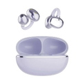 Silver-finished wireless ear clip bluetooth earbuds with sleek design and lavender charging case for optimized charging time and media volume