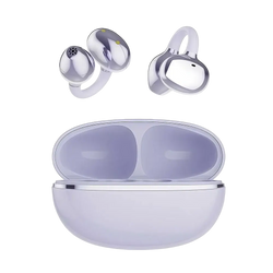 Silver-finished wireless ear clip bluetooth earbuds with sleek design and lavender charging case for optimized charging time and media volume