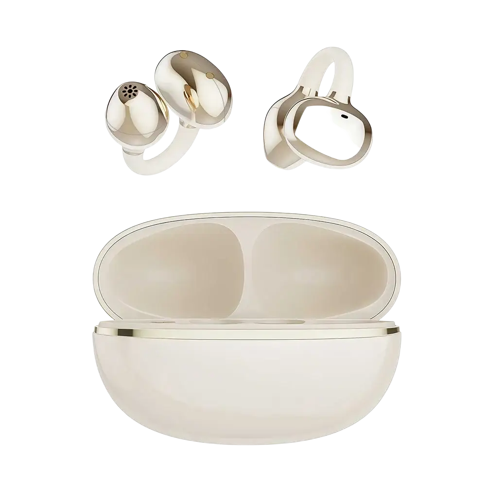 Silver and white wireless ear clip bluetooth earbuds with sleek glossy finish in oval charging case for optimal media volume and charging time