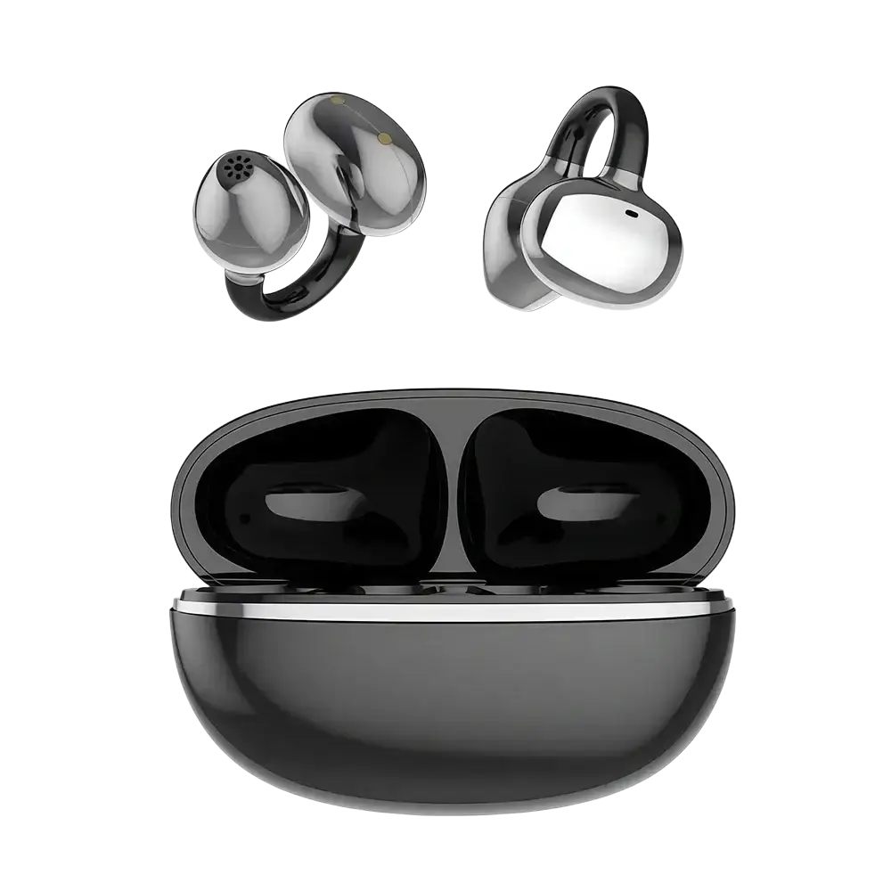 Black and silver wireless ear clip earphones with sleek glossy finish in oval-shaped charging case for Bluetooth use