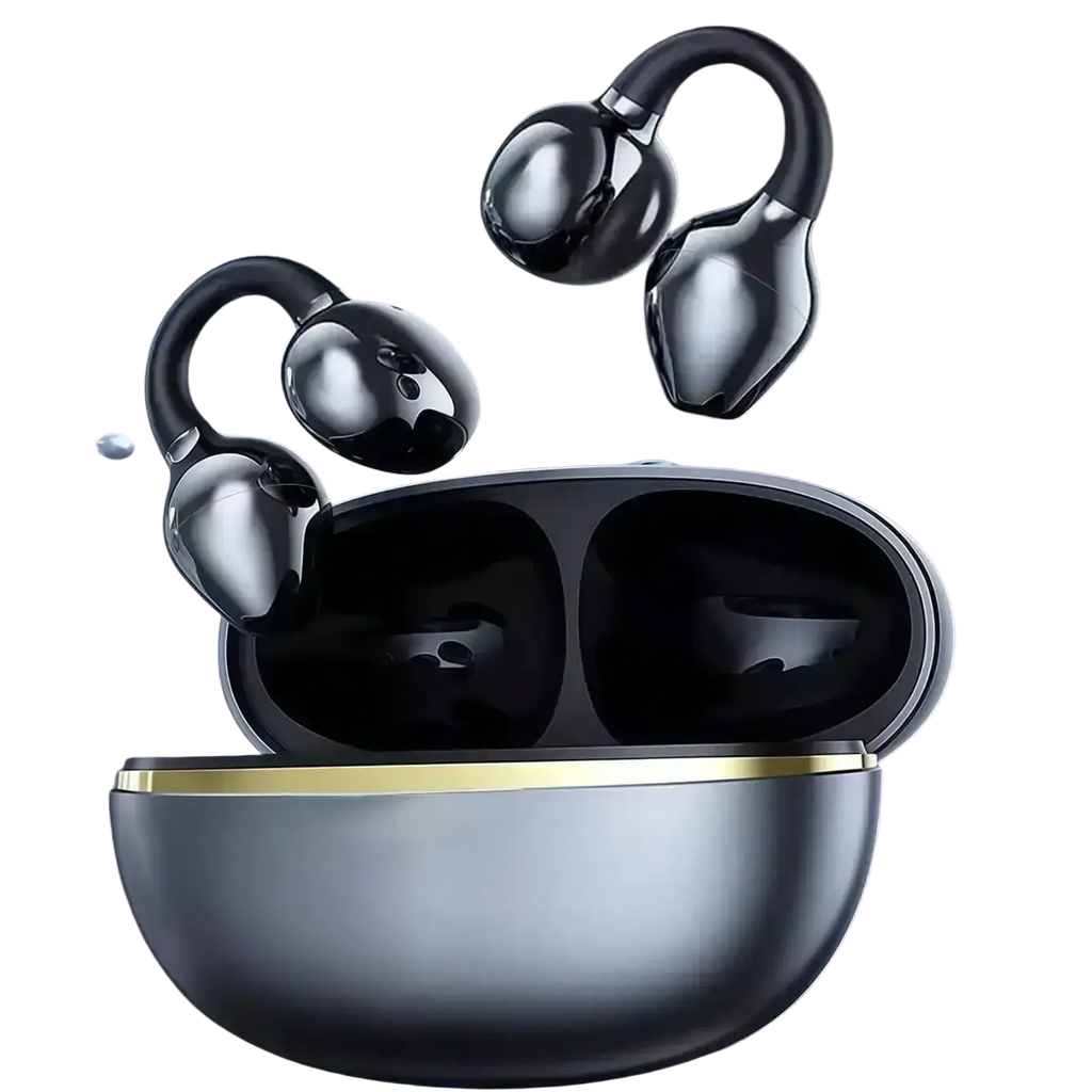 Black glossy wireless ear clip bluetooth headphones with sleek design and gold-trimmed charging case for media volume control