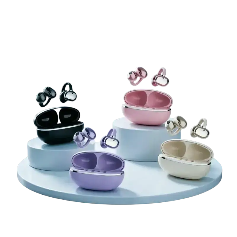 Wireless ear clip bluetooth headphones with charging case in black pink purple beige and silver glossy finishes