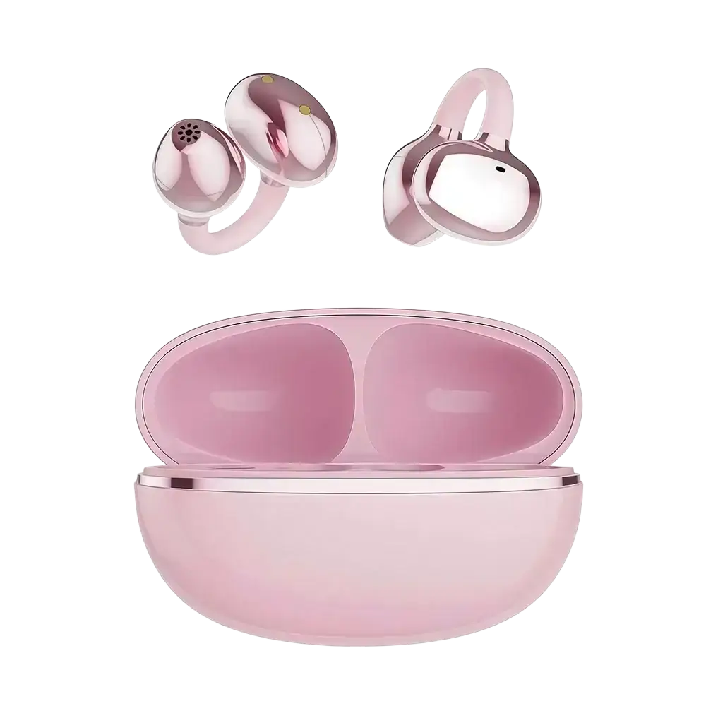 Pink rose gold wireless ear clip bluetooth headphones with charging case showing media volume control