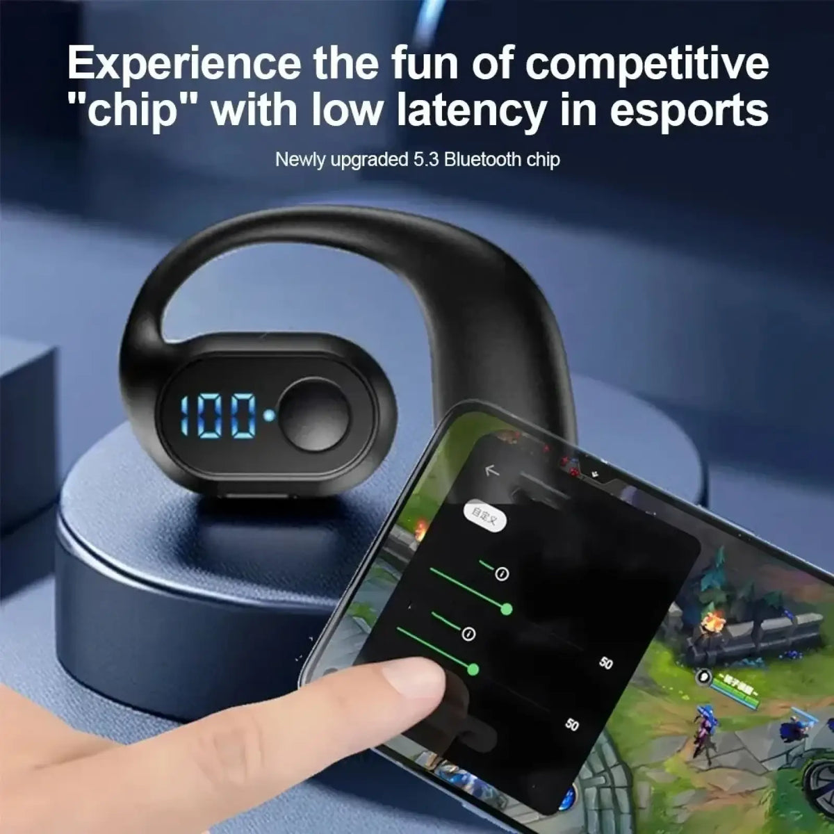Black wireless ear hook bluetooth earphones with led display showing 100 and ergonomic hook for secure fit