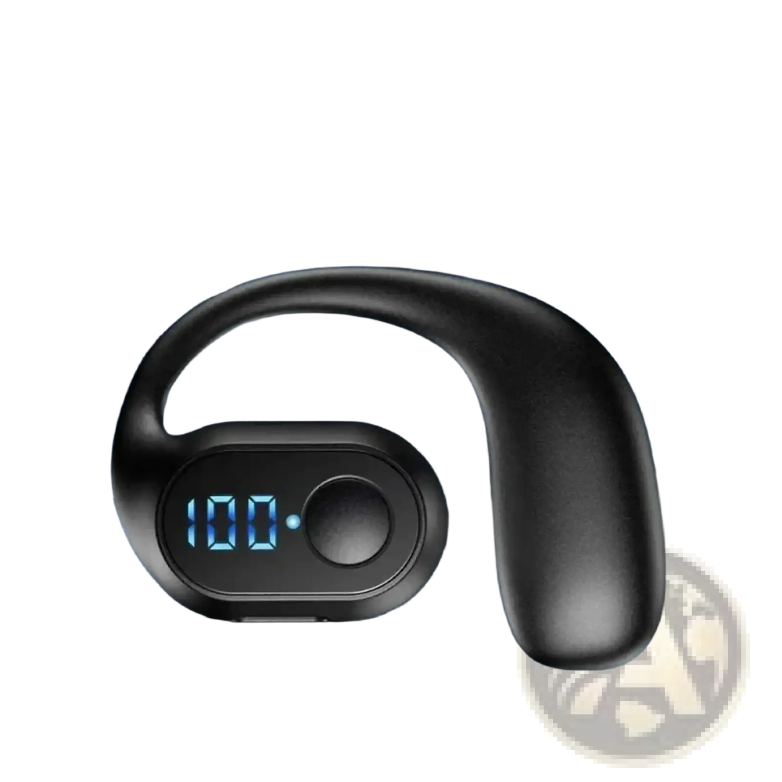 Black soft plastic wireless ear hook bluetooth earphones with led display showing 100 battery status