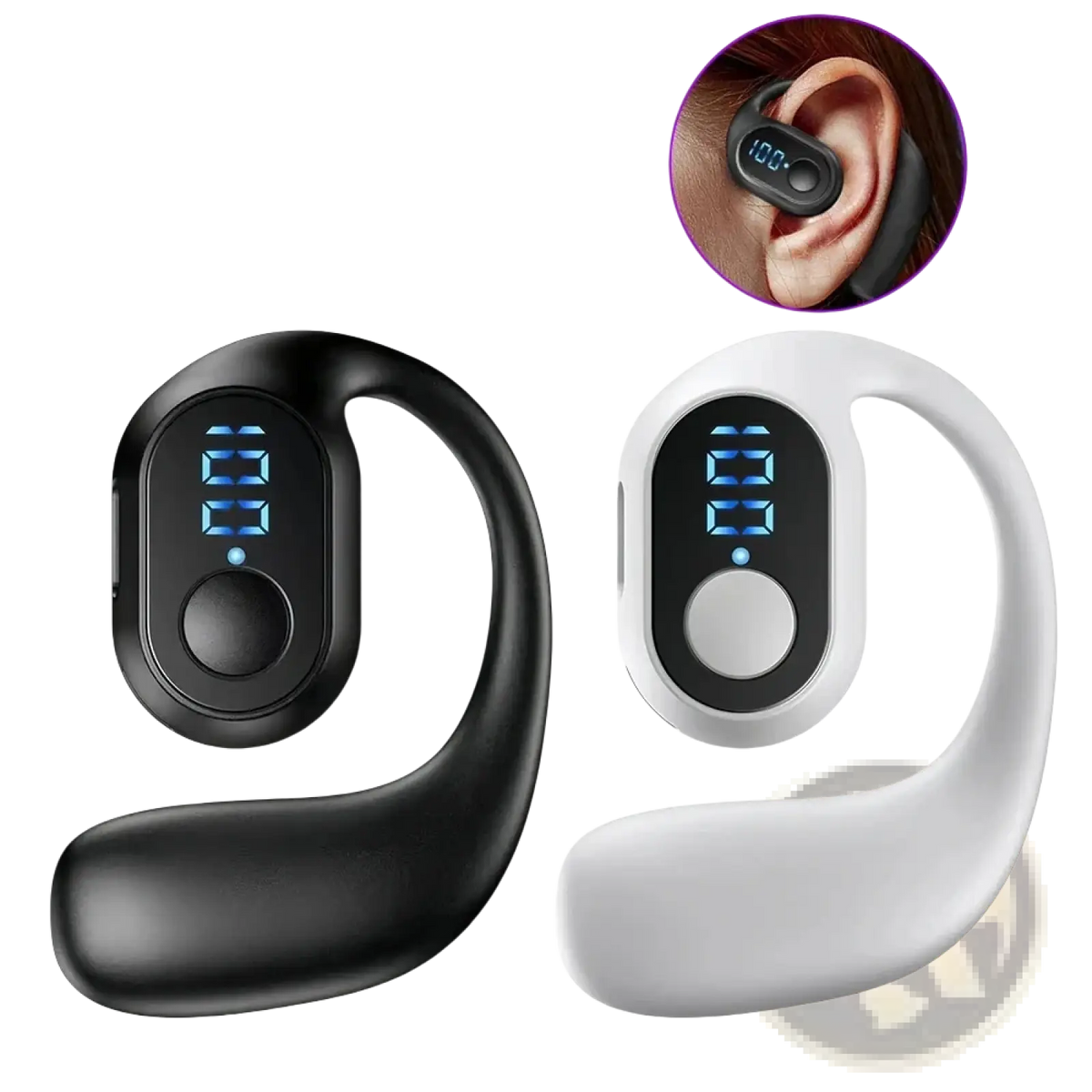 Black and white wireless ear hook bluetooth earphones with led digital display and ergonomic secure in-ear design