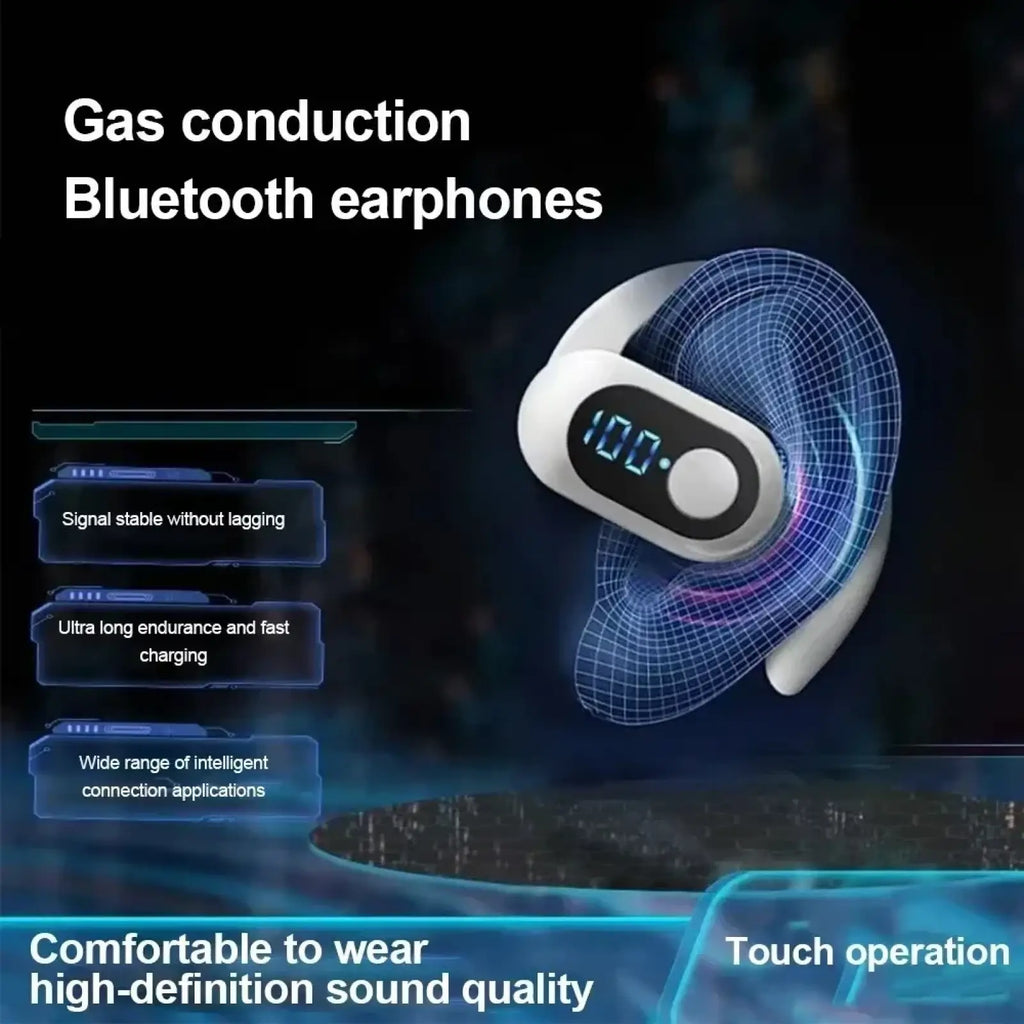 White and black wireless ear hook Bluetooth earphones with a sleek ergonomic design and illuminated digital led display