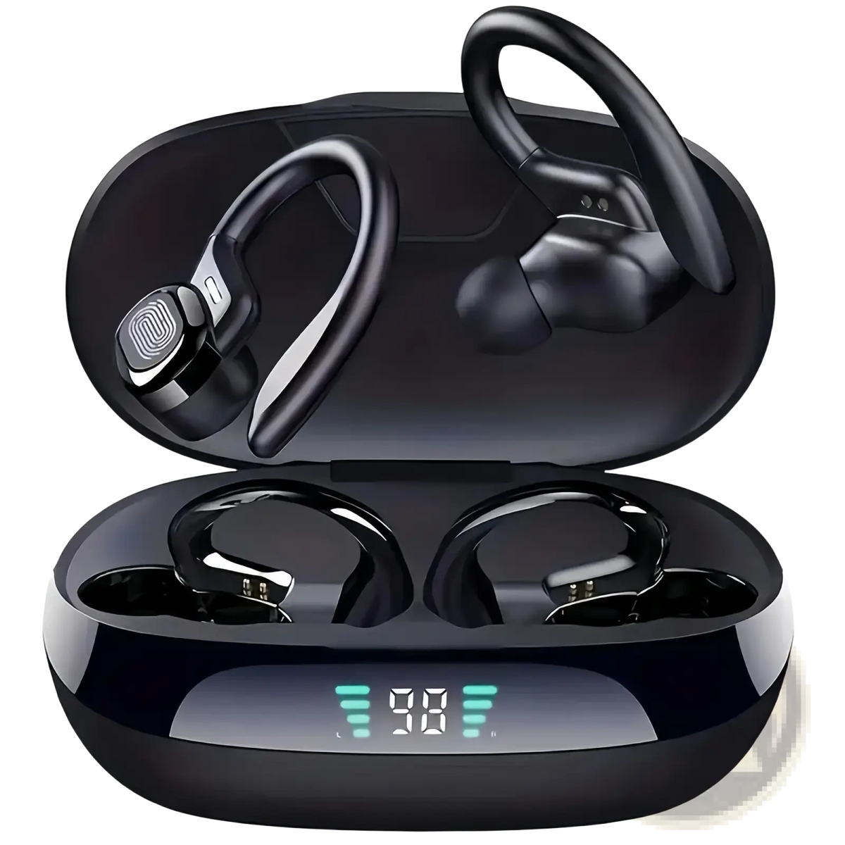 Black wireless ear hook earbuds with glossy finish and ergonomic design inside matching charging case with led display