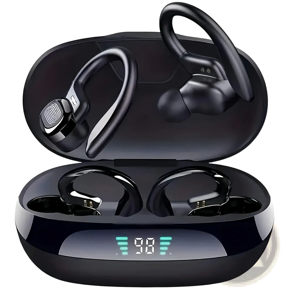 Black wireless ear hook earbuds with glossy finish and ergonomic design inside charging case with led display