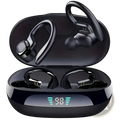 Black wireless ear hook earbuds with glossy finish and ergonomic design inside charging case with led display