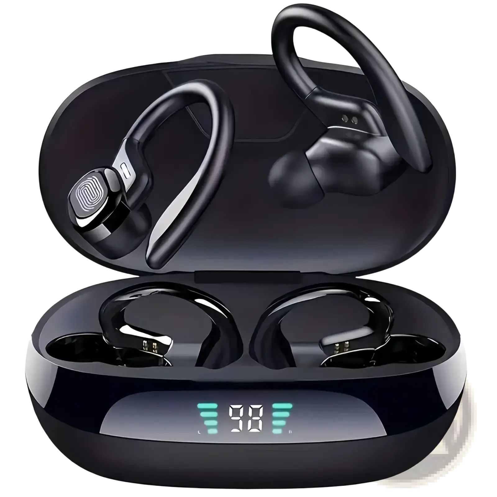 Black wireless ear hook earbuds with glossy finish and ergonomic design inside charging case with led display