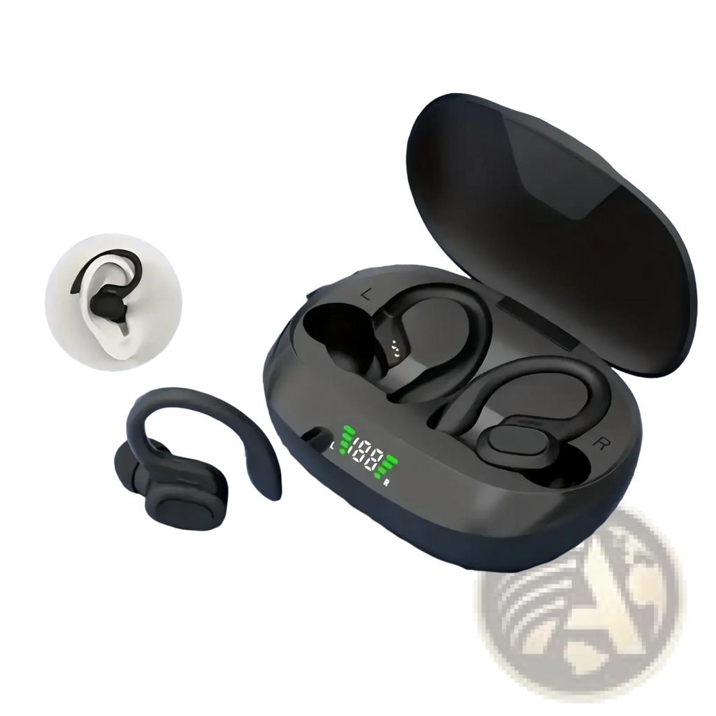 Black wireless ear hook earbuds with sleek ergonomic design and open charging case showing green led display indicators