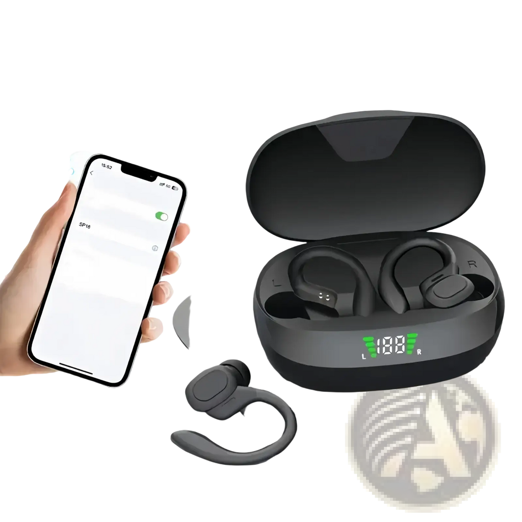 Black wireless ear hook earbuds with ergonomic sport design and led battery display on integrated charging case