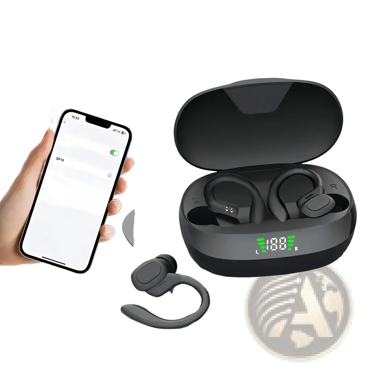 Black wireless ear hook earbuds with ergonomic sport design and led battery display on integrated charging case
