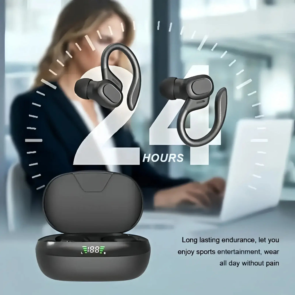 Black wireless ear hook earbuds with led display in matching charging case showing green battery indicator