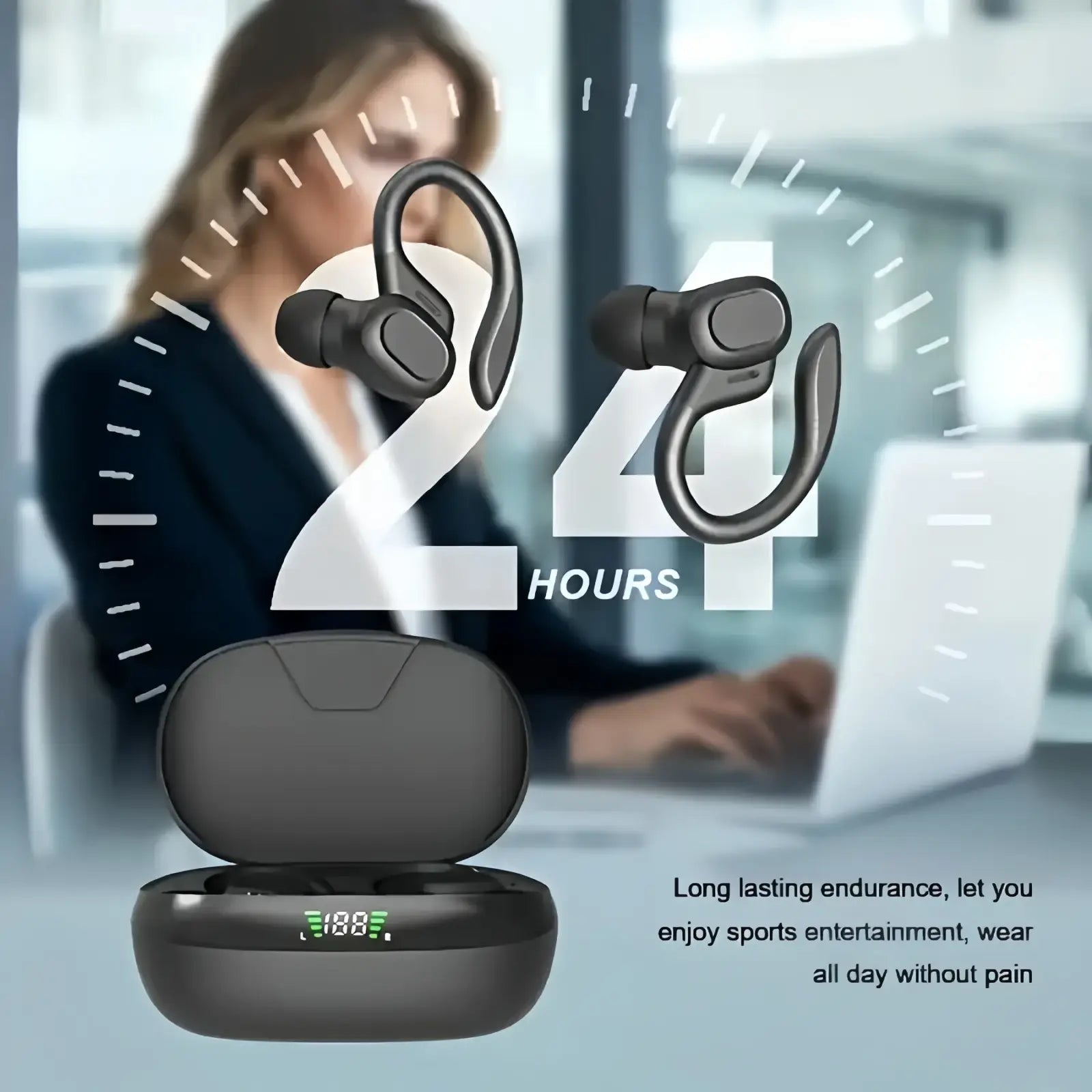 Black wireless ear hook earbuds with led display in matching charging case showing green battery indicator