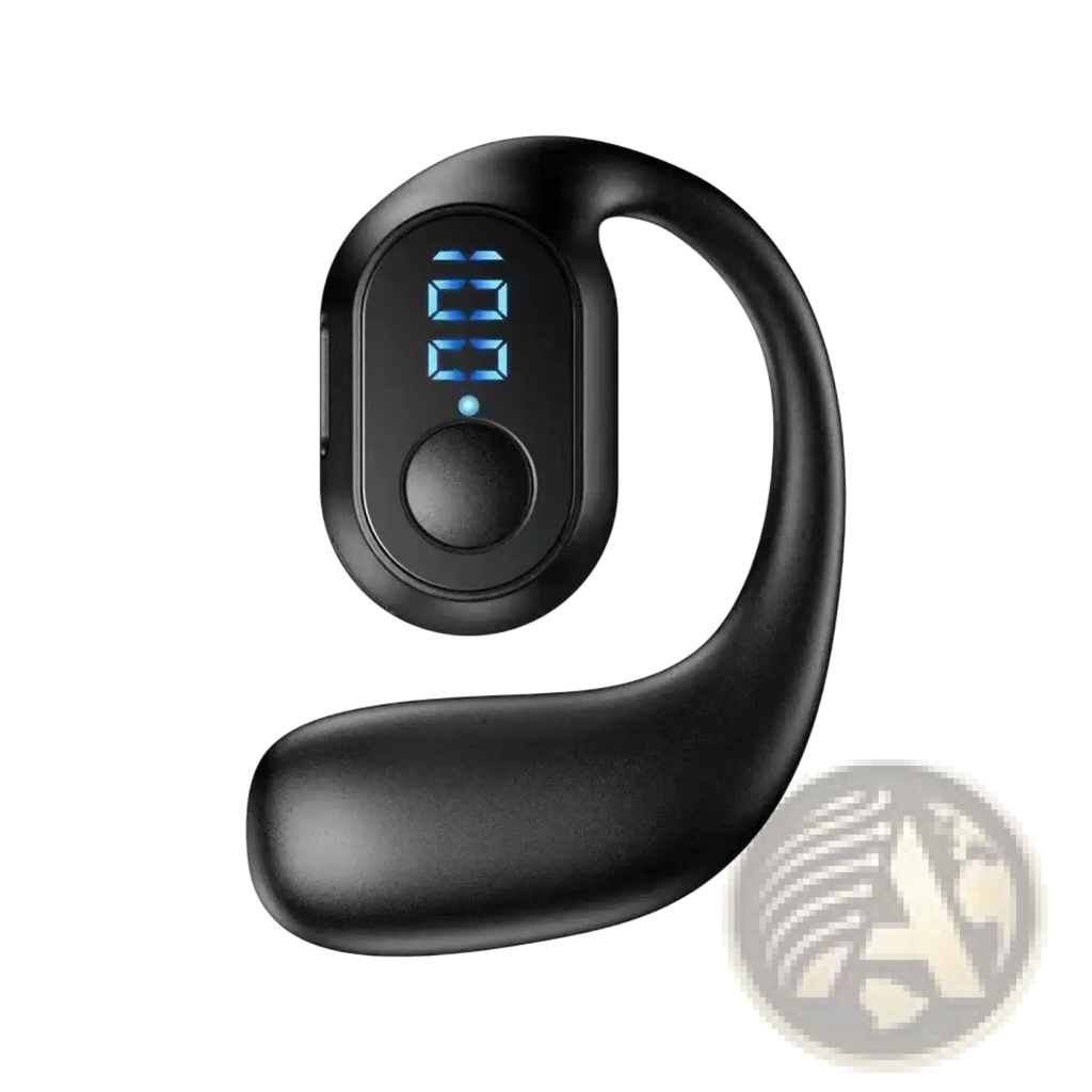 Black wireless ear hook earphones featuring a curved design and blue LED display showing number 23
