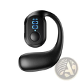 Black wireless ear hook earphones featuring a curved design and blue LED display showing number 23