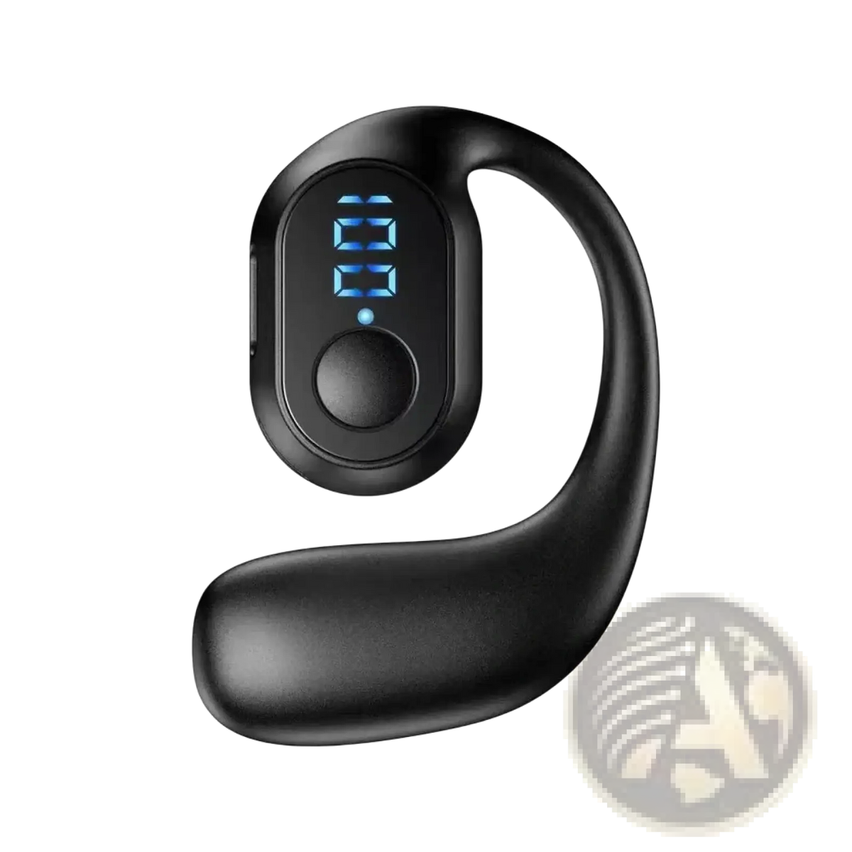 Black wireless ear hook earphones featuring a curved design and blue LED display showing number 23