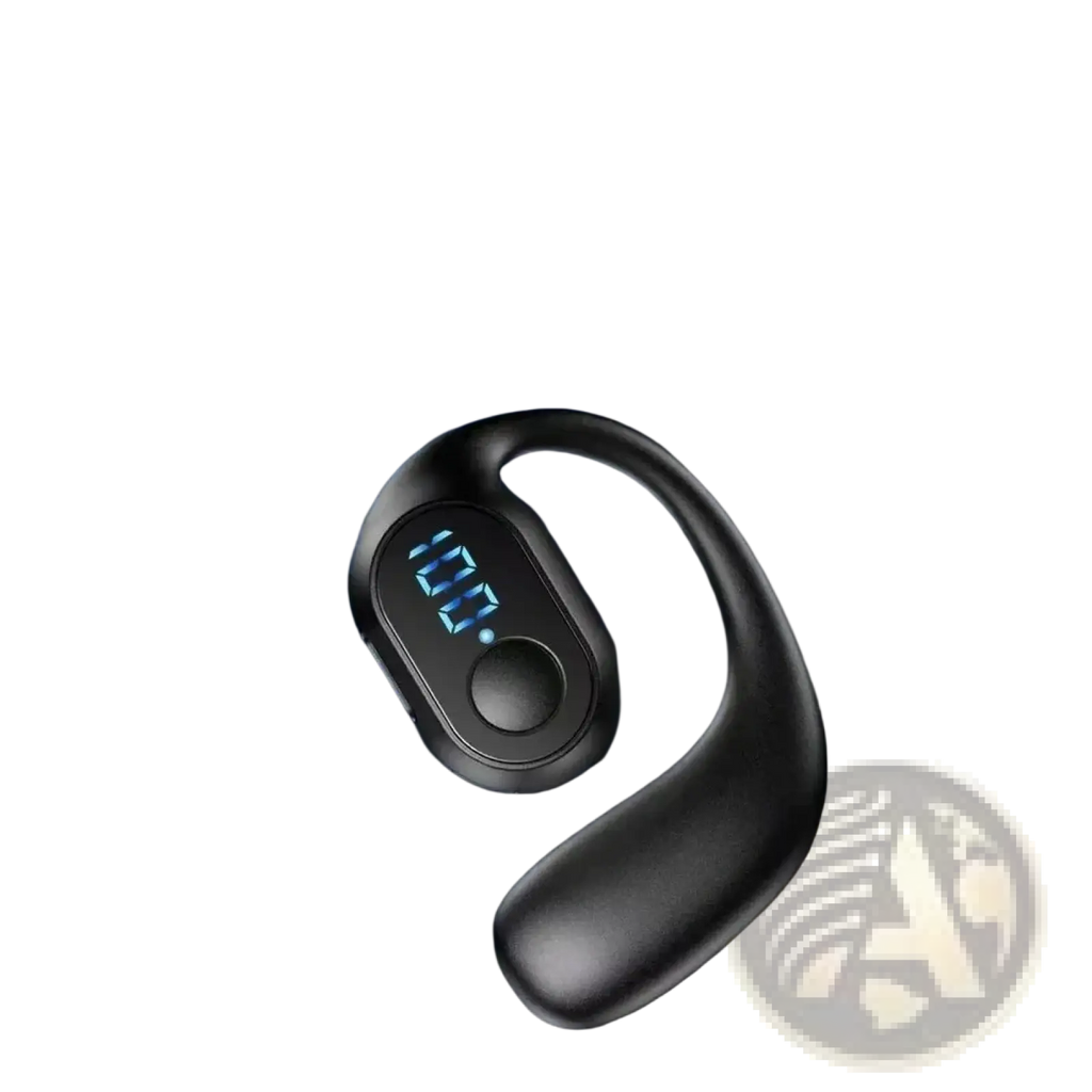 Black silicone wireless ear hook earphones with led digital display and type-c charging port shown from the back side