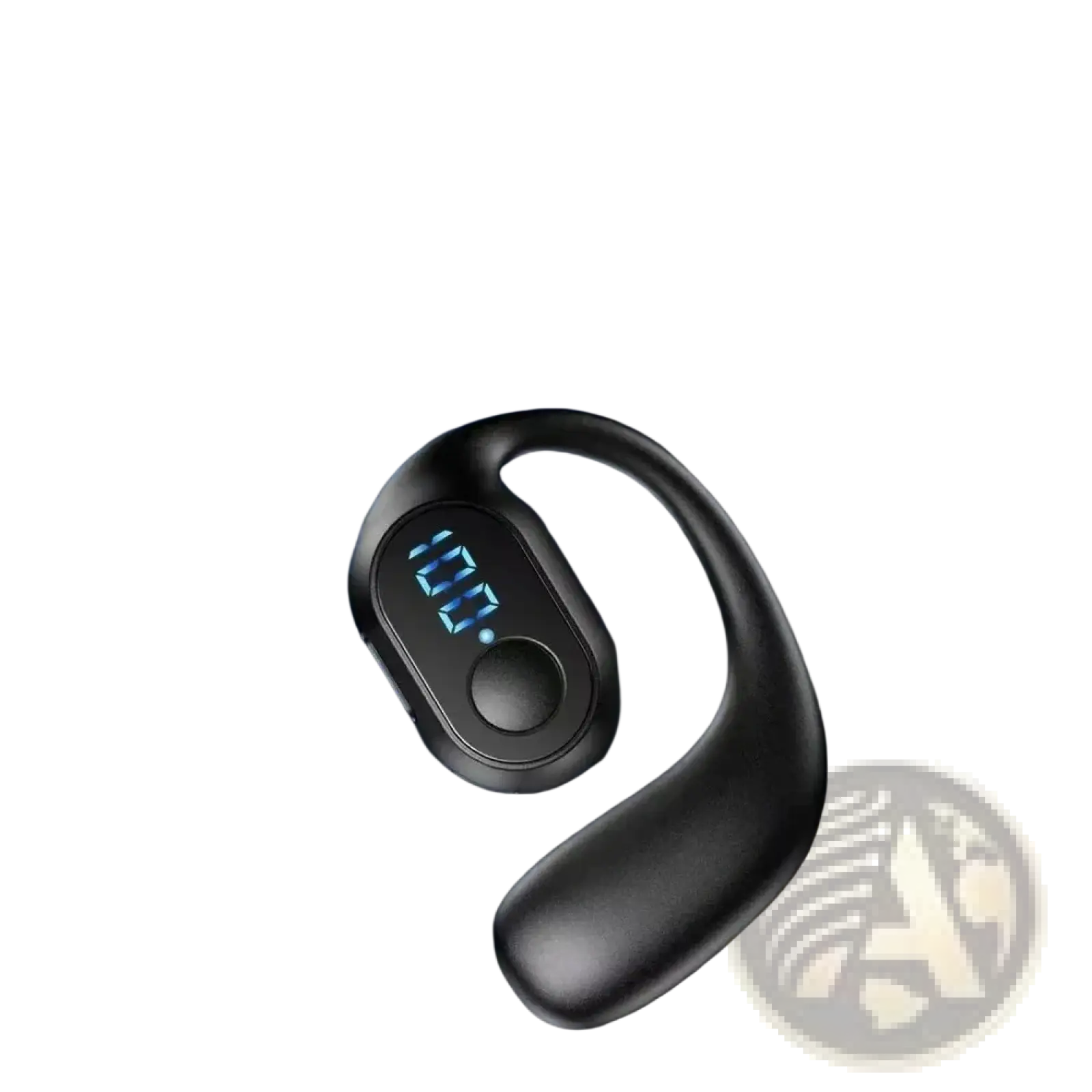 Black silicone wireless ear hook earphones with led digital display and type-c charging port shown from the back side