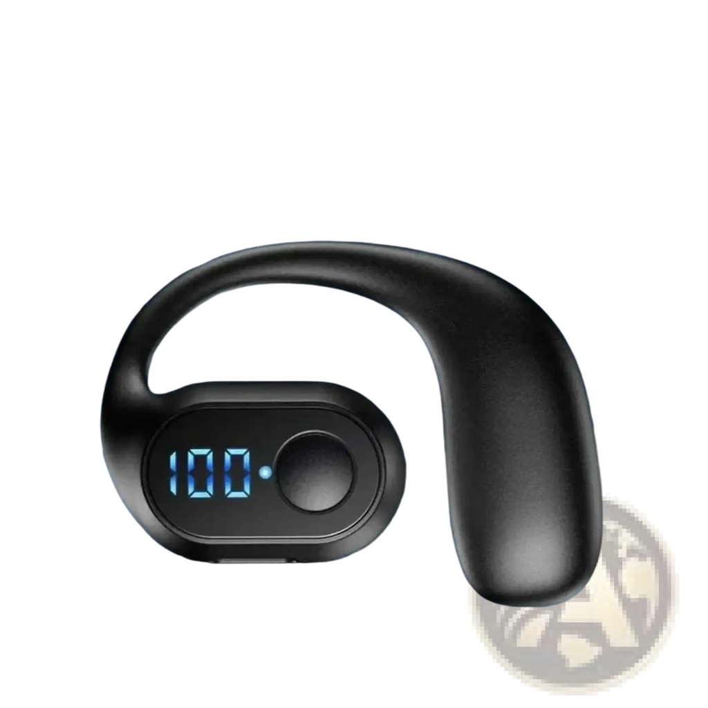 Black soft plastic wireless ear hook earphones with led digital display showing 100 for battery status