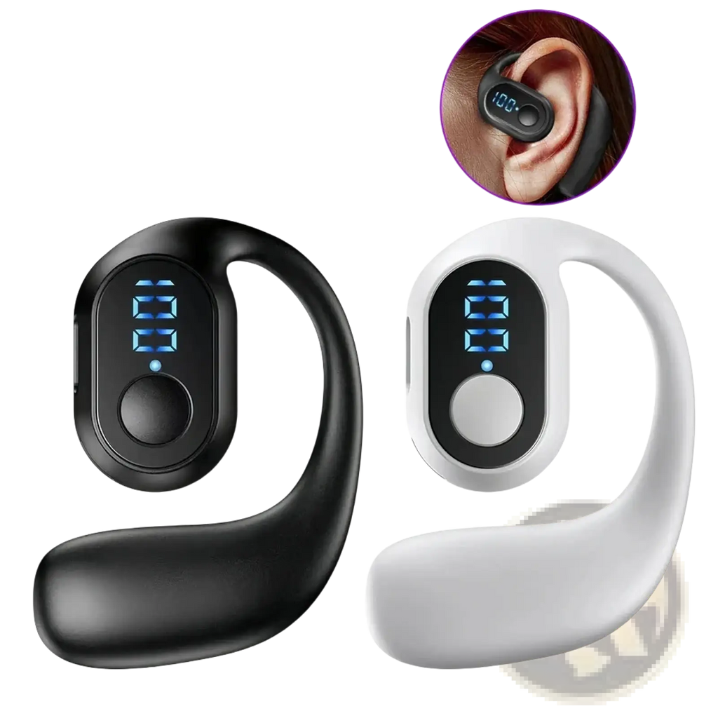 Black and white kebidumei wireless ear hook earphones with bluetooth 5.3 digital led display and ergonomic secure fit