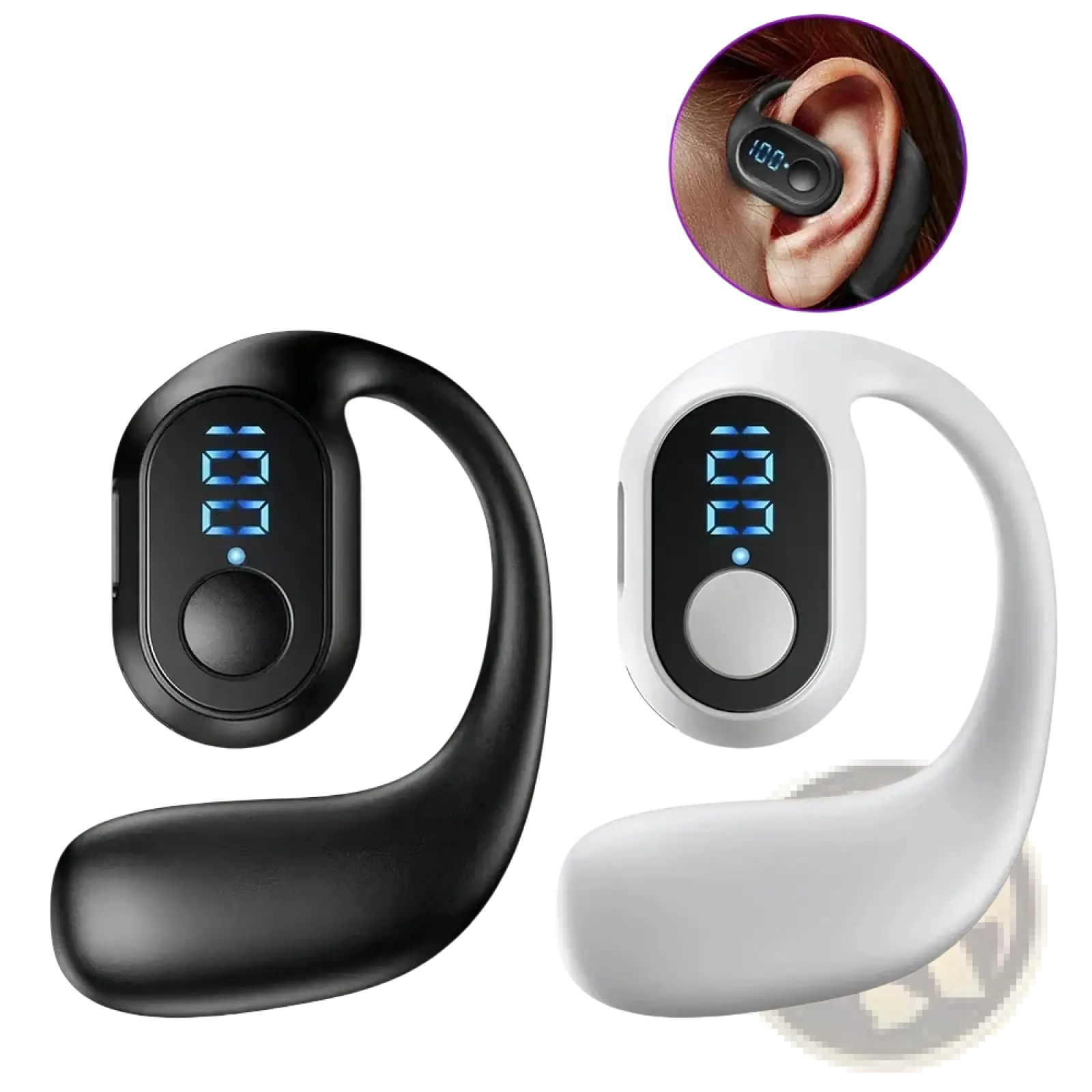 Black and white kebidumei wireless ear hook earphones with bluetooth 5.3 digital led display and ergonomic secure fit
