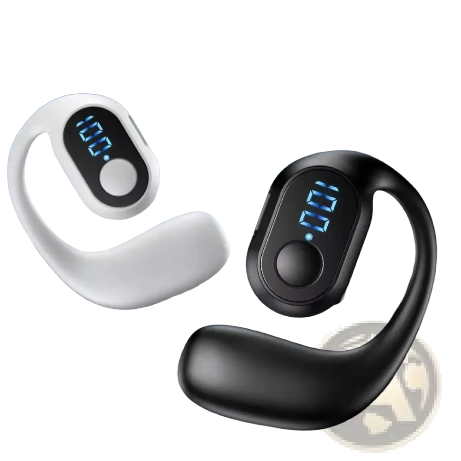 Wireless ear hook earphones in white and black with led display ergonomic hooks and sweatproof bluetooth 5.4 design