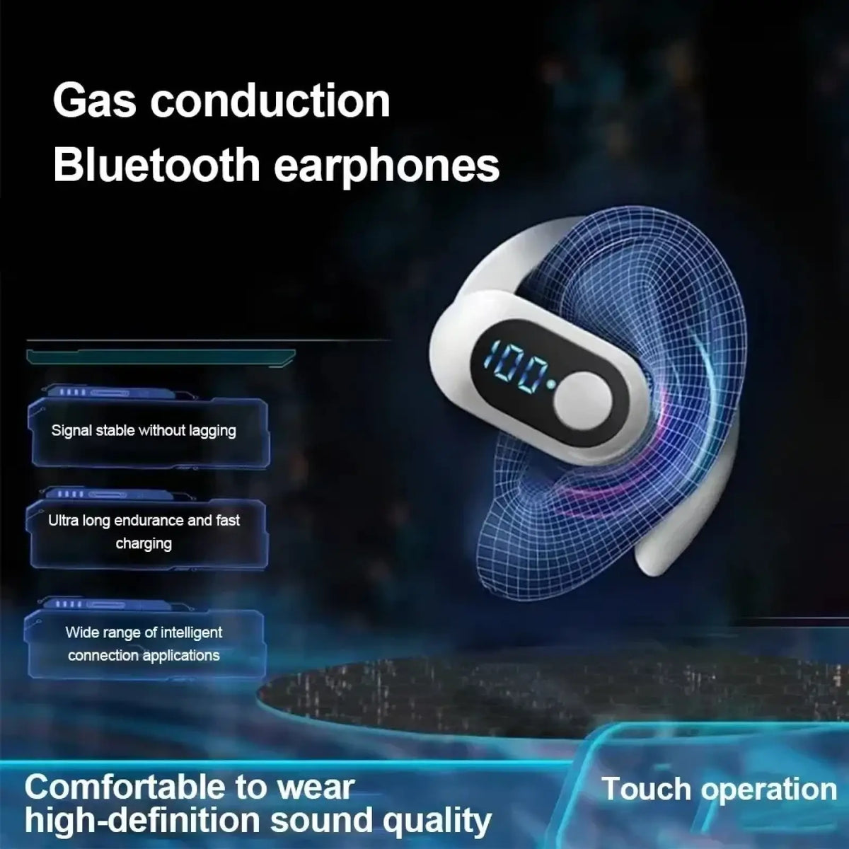 Wireless ear hook earphones in white and black with a sleek ergonomic design and illuminated led display