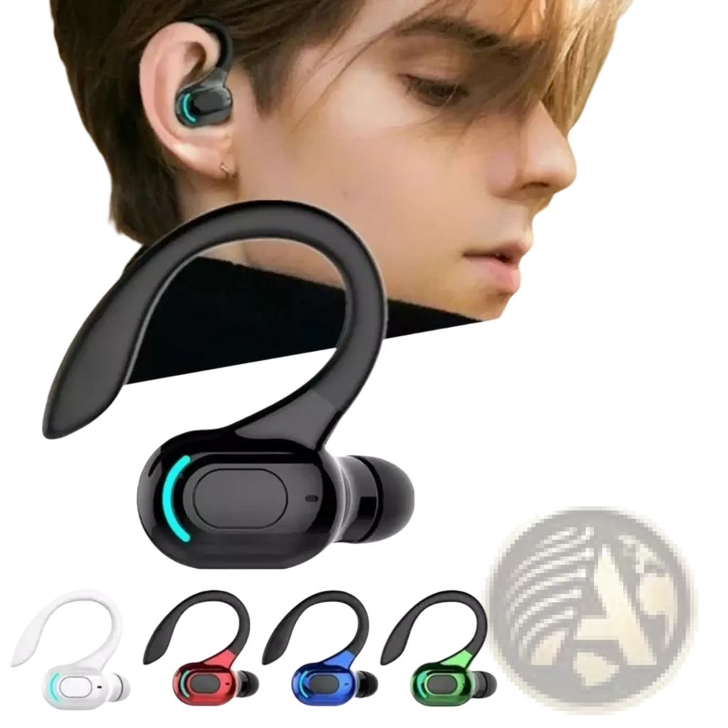 Black wireless ear hook sport earbud with sleek curved design and glowing teal accent light Bluetooth 5.2 technology