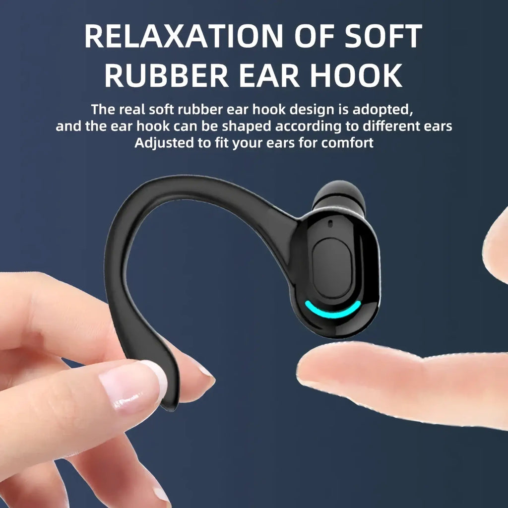Black wireless ear hook sport earbud with soft rubber hook and glowing blue light featuring Bluetooth 5.2 connectivity