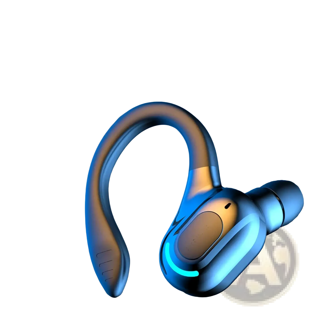 Blue and silver wireless ear hook sport earbuds with Bluetooth 5.2 and secure fit hook design for active use