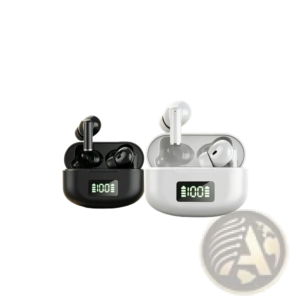 Black and white wireless earbuds with active noise cancelling in glossy charging cases with digital battery displays
