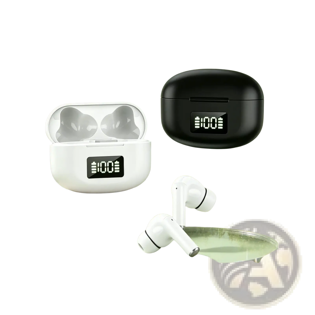 White and black wireless earbuds with active noise cancelling and bluetooth 5.3 in matching sleek charging cases