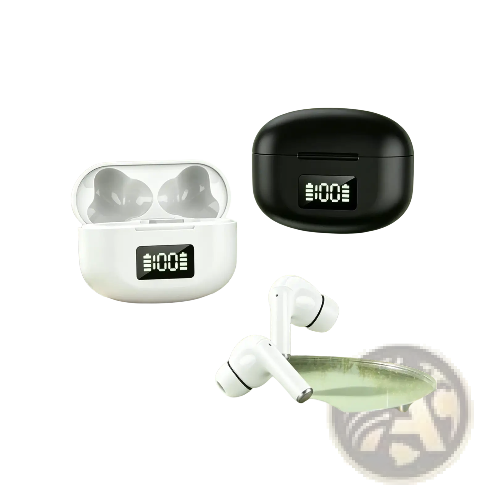 White and black wireless earbuds with active noise cancelling and bluetooth 5.3 in matching sleek charging cases