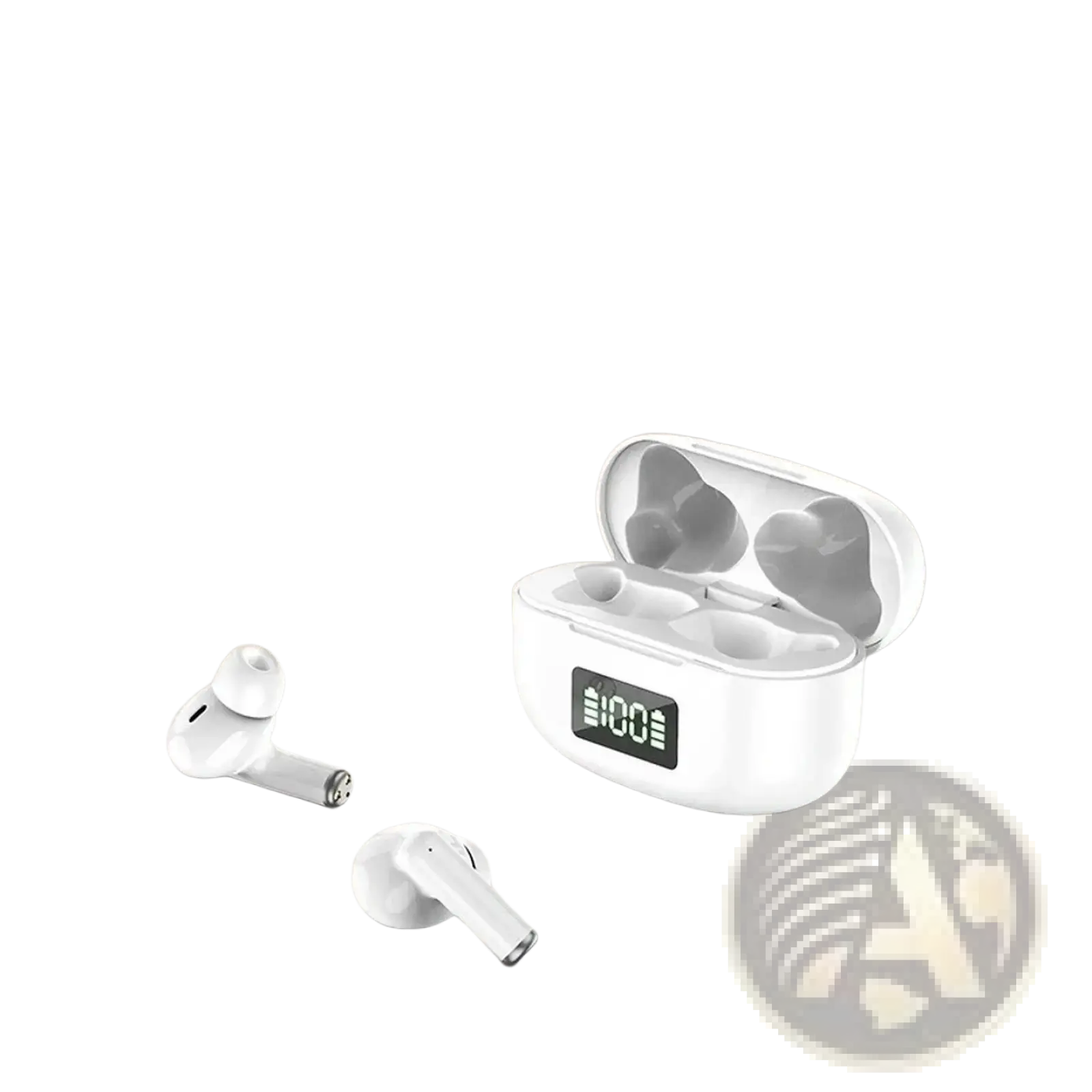 White wireless earbuds with active noise cancelling and bluetooth 5.3 feature a glossy finish and digital battery display case