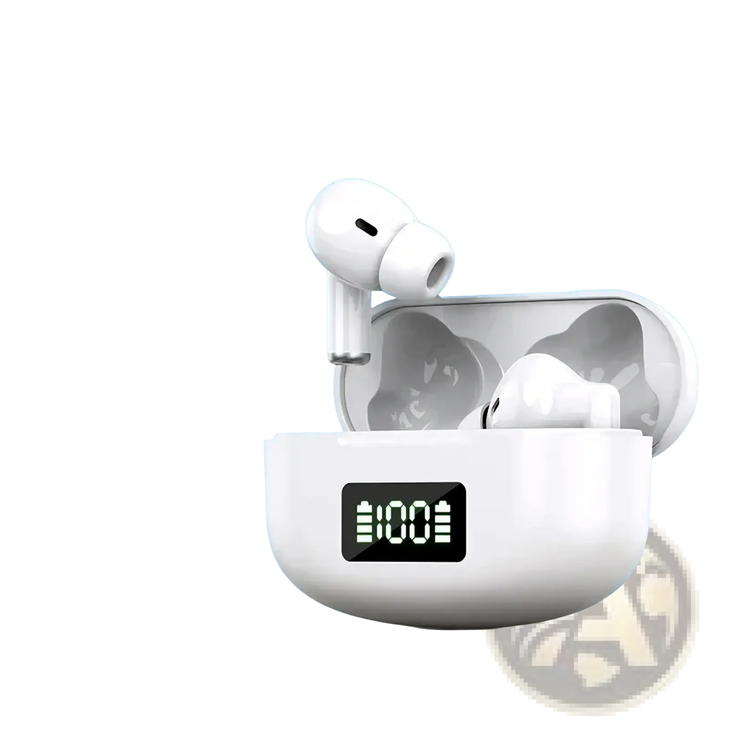 White wireless earbuds with active noise cancelling and bluetooth 5.3 in a glossy magnetic charging case with digital display