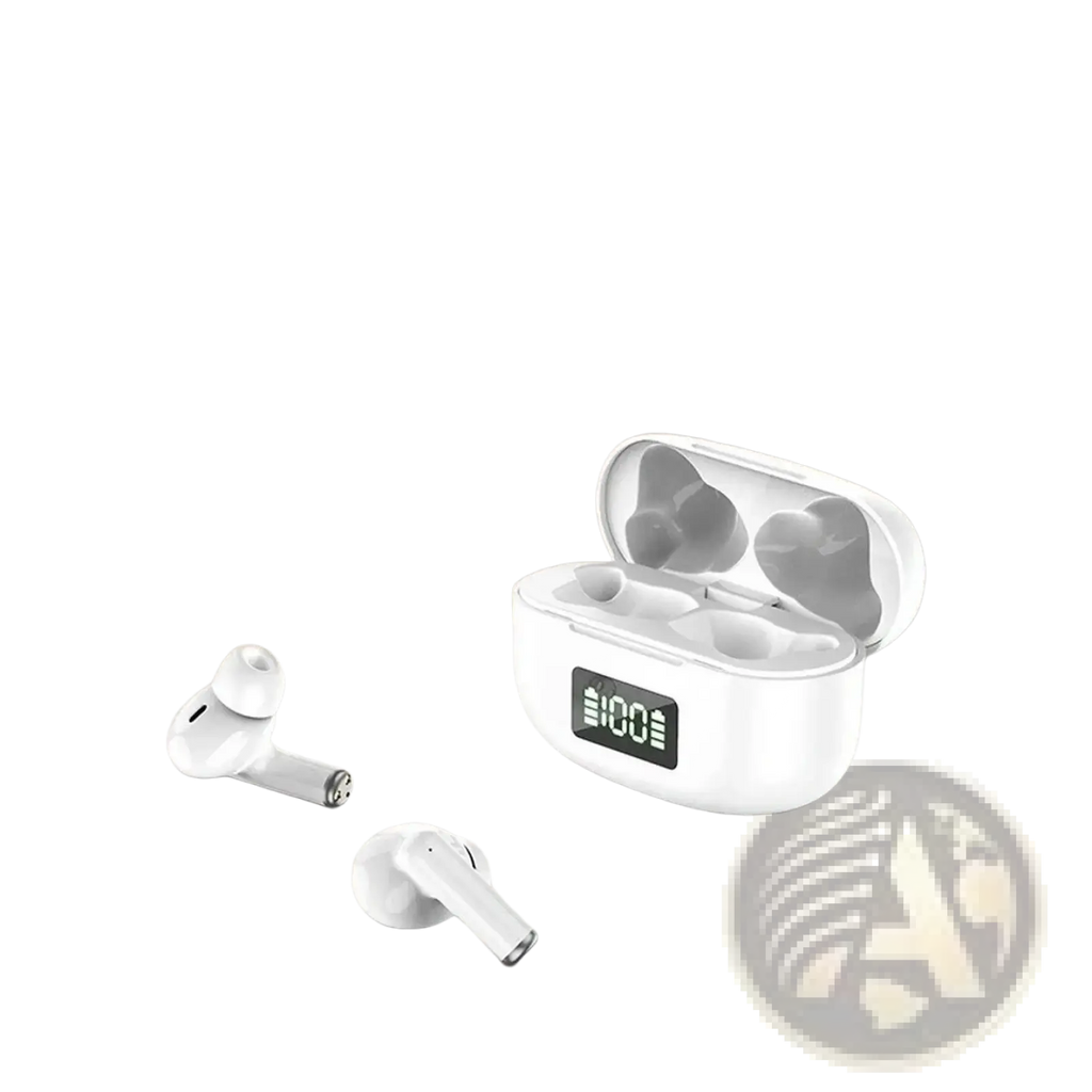 White wireless earbuds with active noise cancelling and bluetooth 5.3 feature a glossy finish and digital battery display case