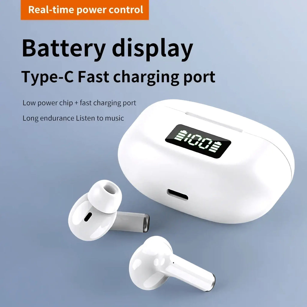 White wireless earbuds with active noise cancelling bluetooth 5.3 feature and glossy finish with charging case display