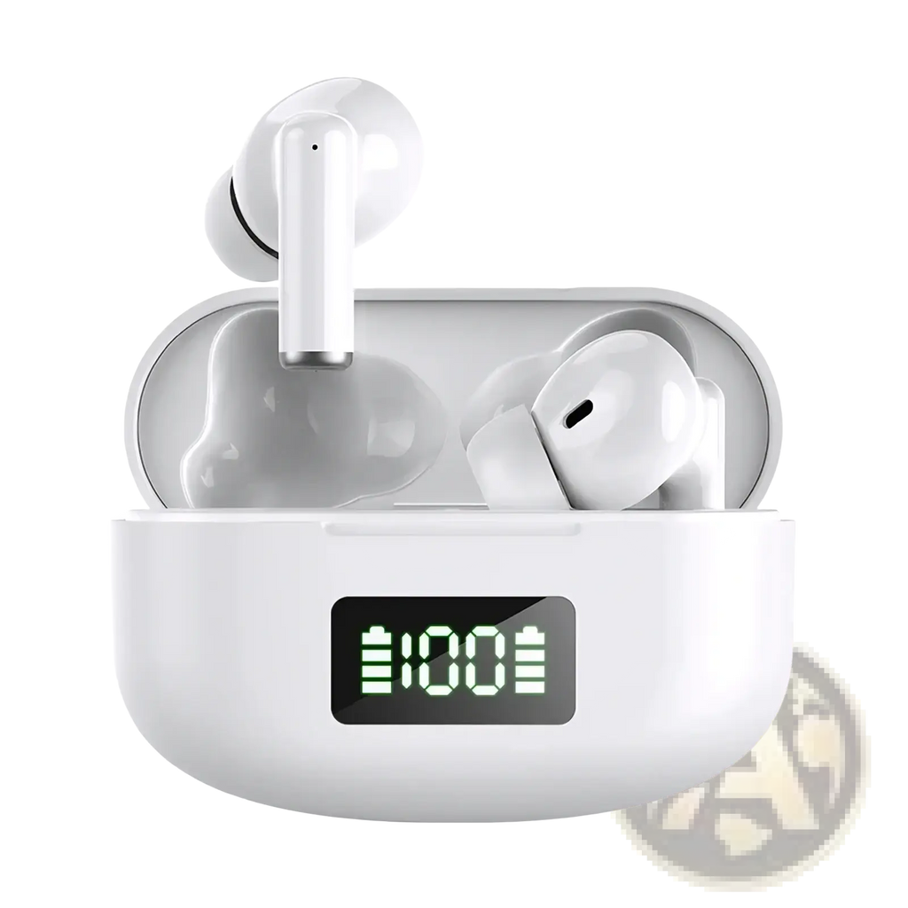 White wireless earbuds with active noise cancelling and bluetooth 5.3 in a glossy charging case with digital display