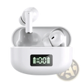 White wireless earbuds with sleek glossy finish in matching charging case featuring illuminated digital display and Bluetooth 5.3