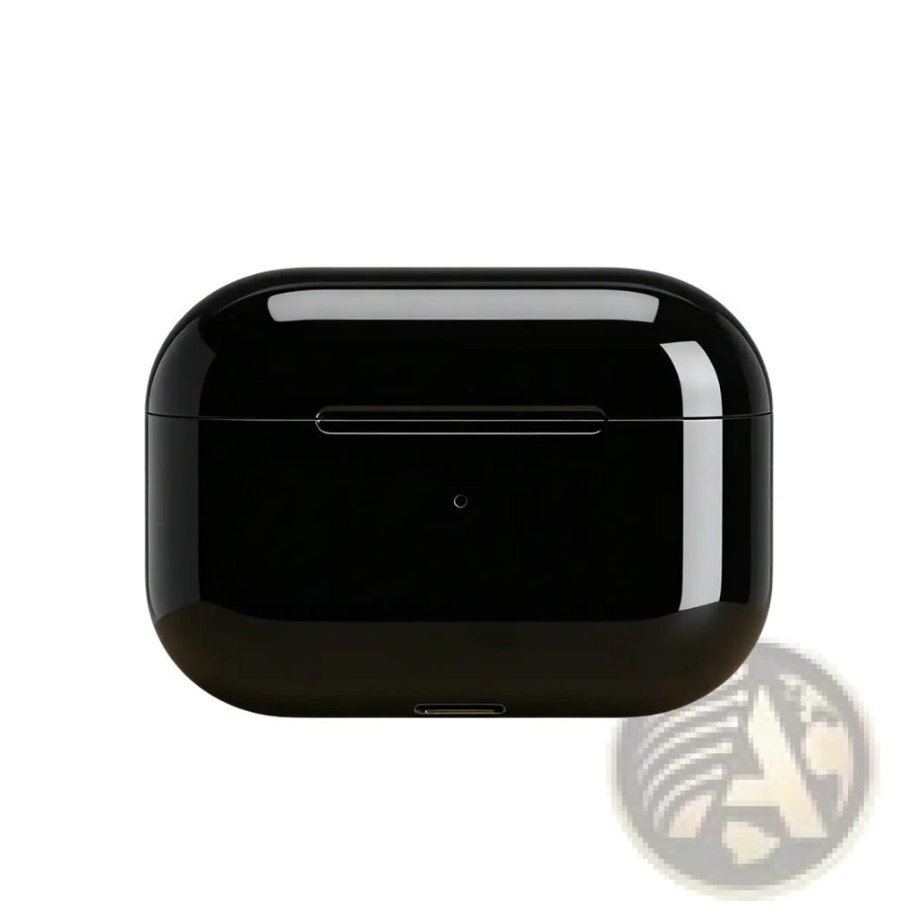 Black glossy finish wireless earbuds bluetooth 5.3 charging case with sleek rounded edges and minimalist design