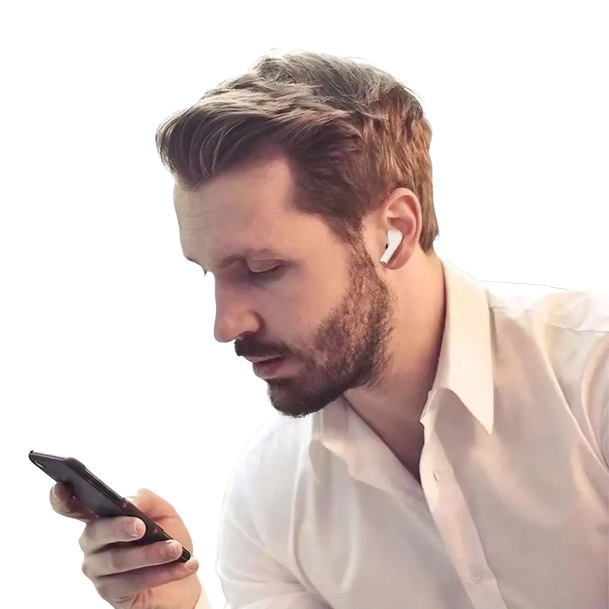 A white wireless earbud in the man’s right ear featuring bluetooth 5.3 and active noise cancelling technology