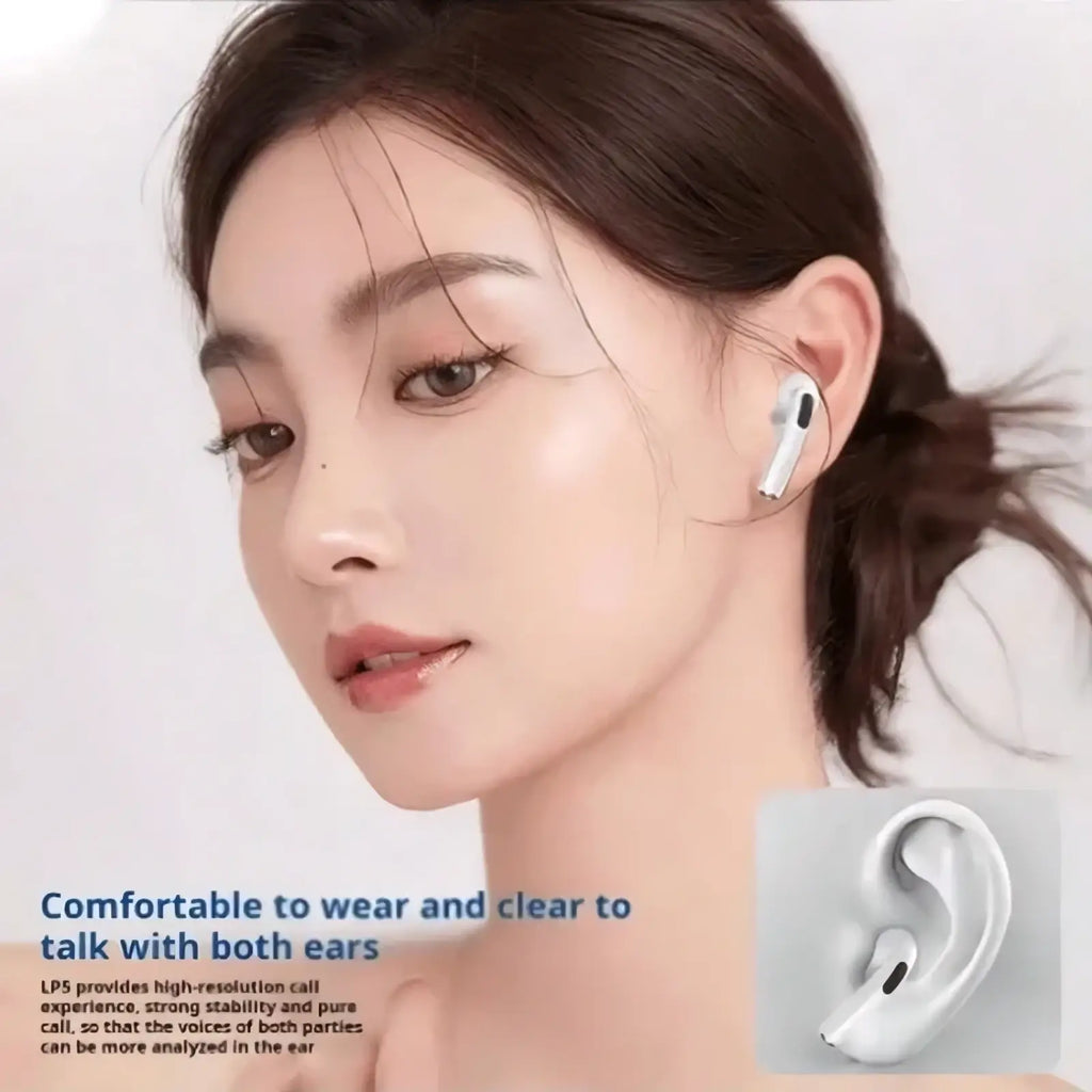 White wireless earbud with sleek minimalist design featuring bluetooth 5.3 and active noise cancelling technology