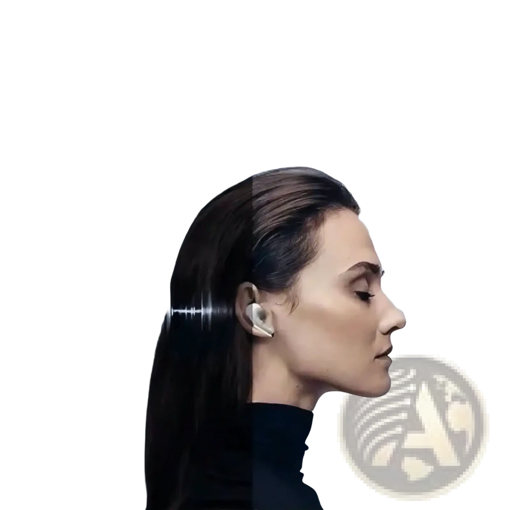 White wireless earbud with sleek minimalist design featuring bluetooth 5.3 and active noise cancelling technology worn in ear