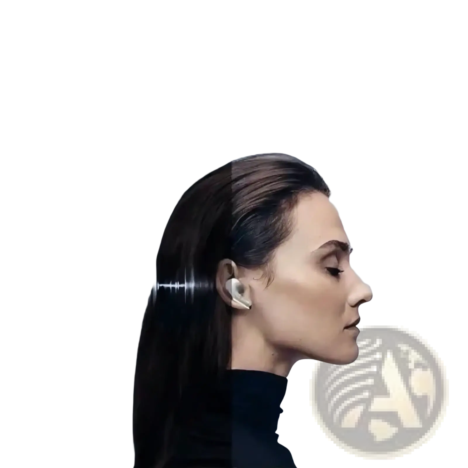 White wireless earbud with sleek minimalist design featuring bluetooth 5.3 and active noise cancelling technology worn in ear