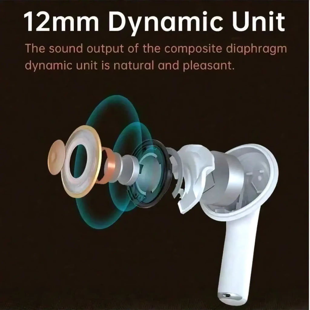 White wireless earbuds bluetooth 5.3 with active noise cancelling and 12mm composite diaphragm dynamic unit