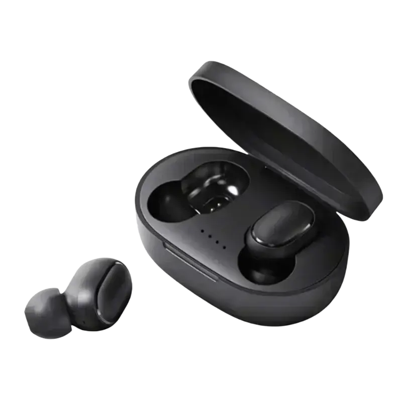 Black wireless earbuds with touch control in a 280mah charging box featuring polymer lithium battery and bluetooth 5.3 version