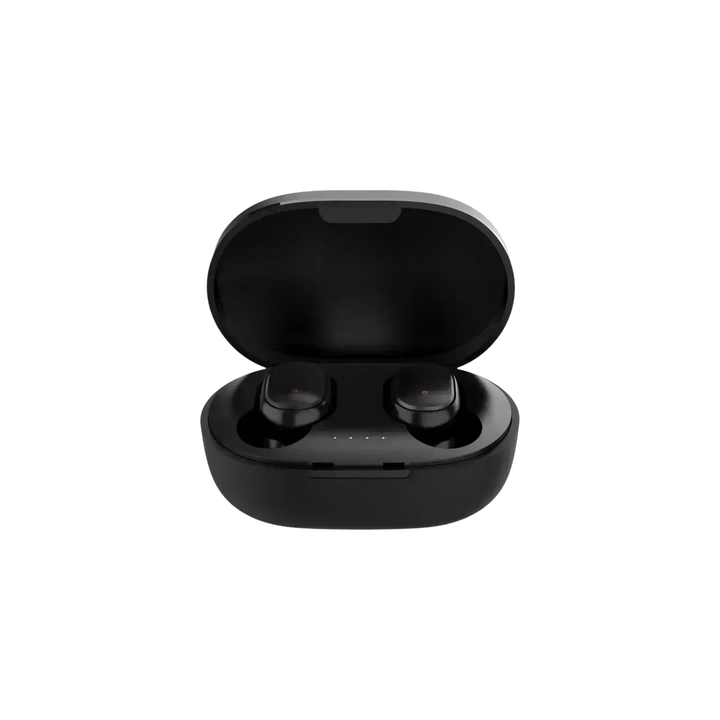 Black wireless earbuds bluetooth version 5.3 with 280mah charging box and polymer lithium battery in matte-finish case